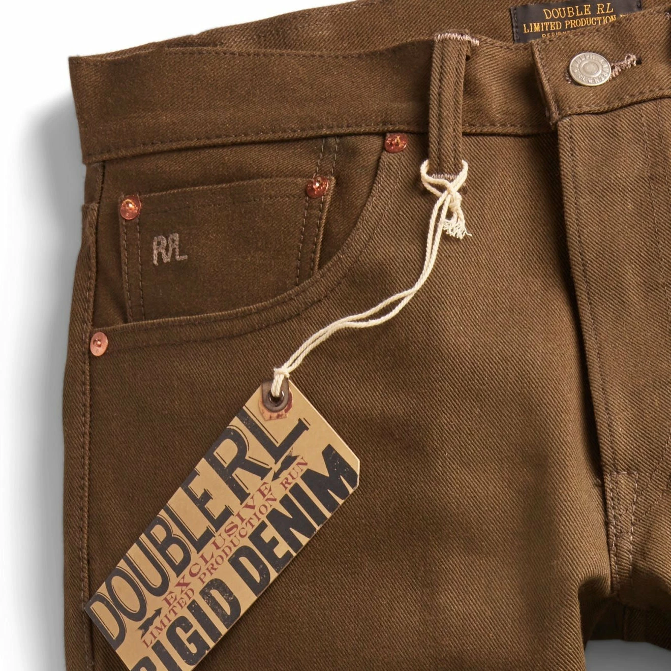 RRL By Ralph Lauren Slim Fit Full Length Jeans Rigid Olive - Image 3