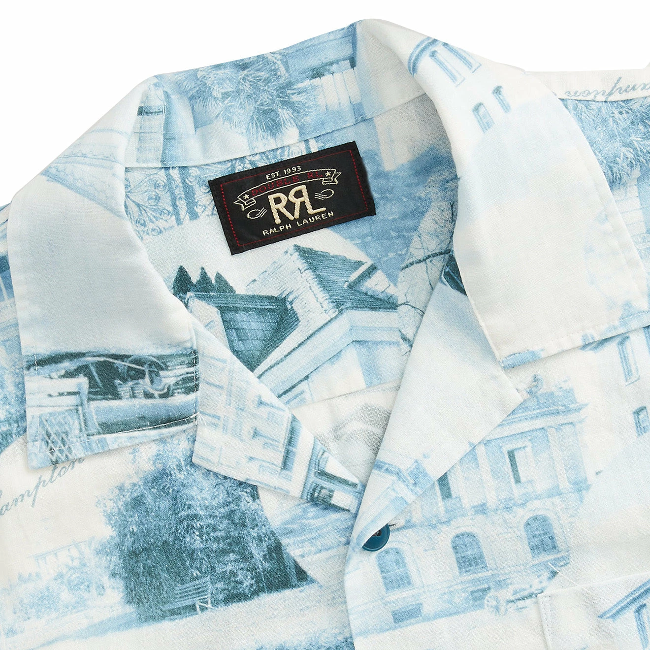RRL By Ralph Lauren Postcard-Print Linen-Cotton Camp Shirt Cream/Blue - Image 3